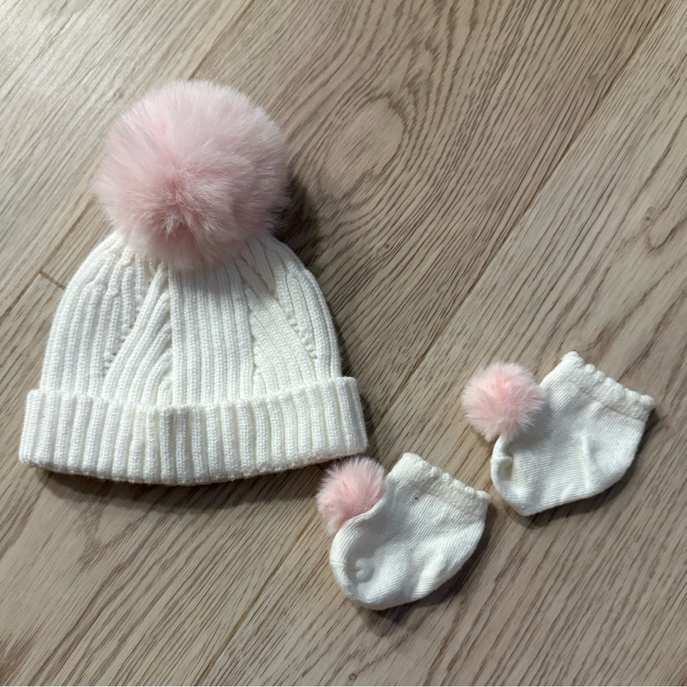 Cozy Baby White and Pink Pom-Pom Hat and Booties Set
